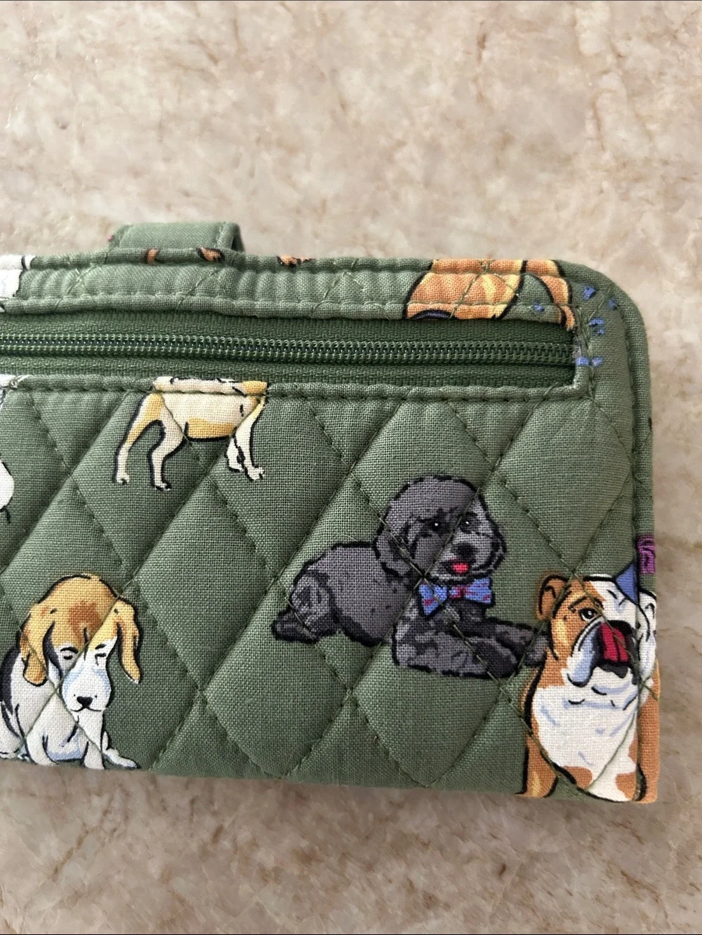 Vera Bradley Olive Green Quilted Wallet with Multicolor Dog Motif - Picture 3 of 5